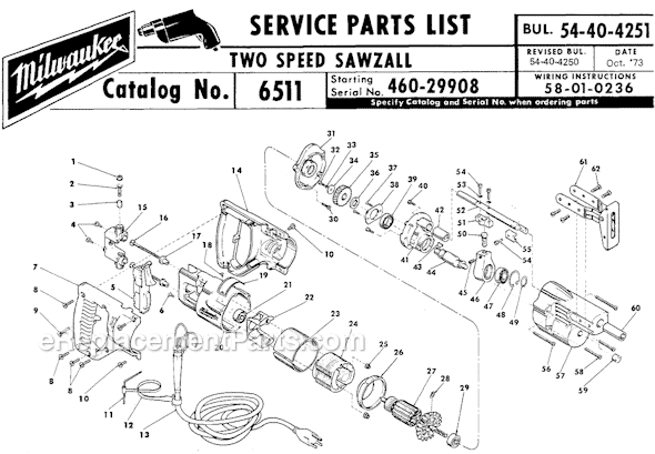 Page A Diagram and Parts List for 6511 SER 460-29908 Milwaukee Reciprocating Saw