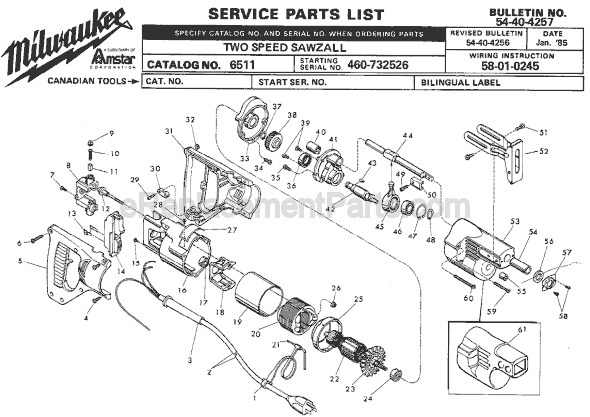 Page A Diagram and Parts List for 6511 SER 460-732526 Milwaukee Reciprocating Saw