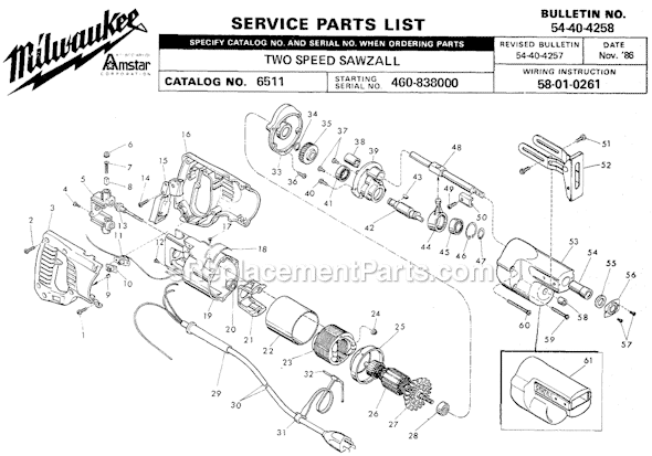 Page A Diagram and Parts List for 6511 SER 460-838000 Milwaukee Reciprocating Saw