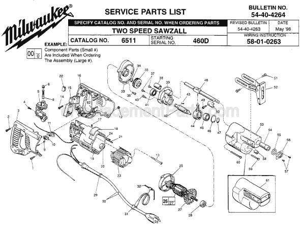 Page A Diagram and Parts List for 6511 SER 460D Milwaukee Reciprocating Saw