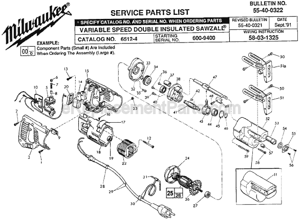 Page A Diagram and Parts List for 6512-4 SER 600-9400 Milwaukee Reciprocating Saw