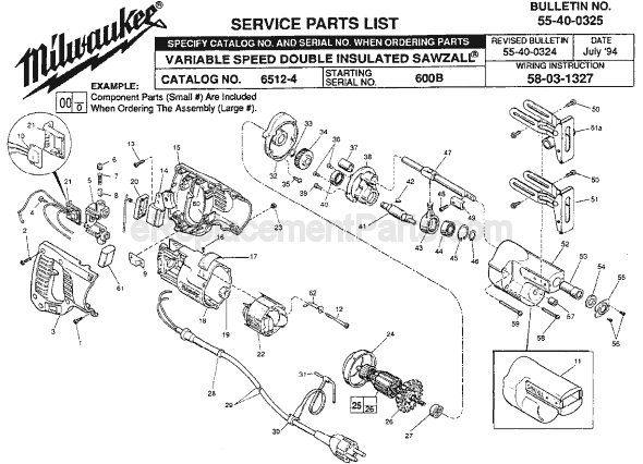 Page A Diagram and Parts List for 6512-4 SER 600B Milwaukee Reciprocating Saw