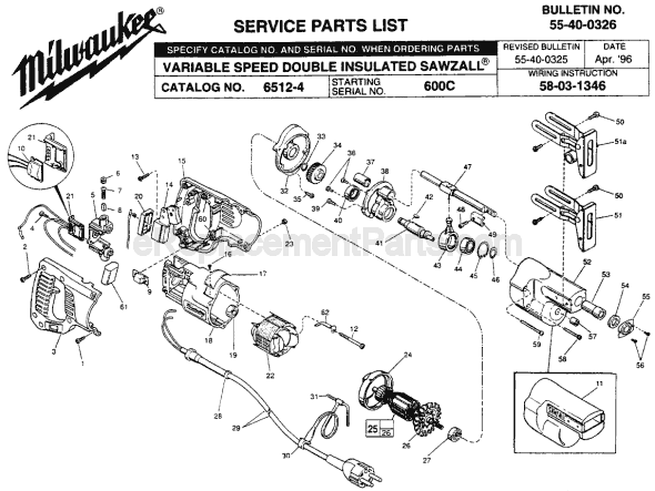 Page A Diagram and Parts List for 6512-4 SER 600C Milwaukee Reciprocating Saw