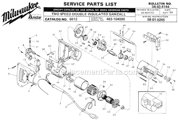 Page A Diagram and Parts List for 6512 SER 483-104000 Milwaukee Reciprocating Saw