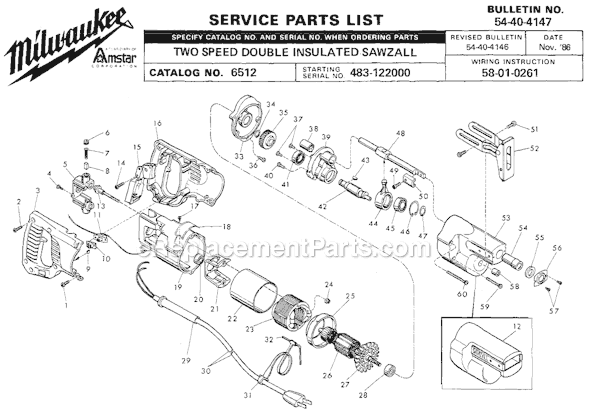Page A Diagram and Parts List for 6512 SER 483-122000 Milwaukee Reciprocating Saw