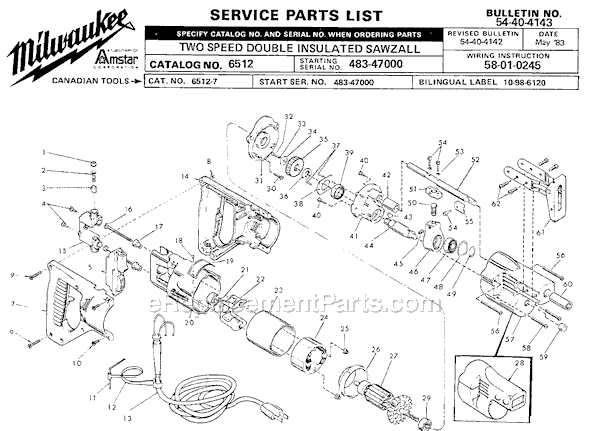 Page A Diagram and Parts List for 6512 SER 483-47000 Milwaukee Reciprocating Saw