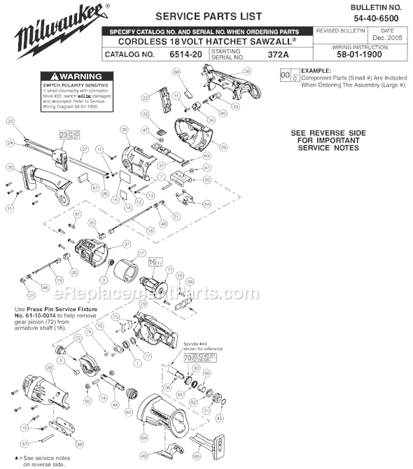 Page A Diagram and Parts List for 6514-21 SER 372A Milwaukee Reciprocating Saw