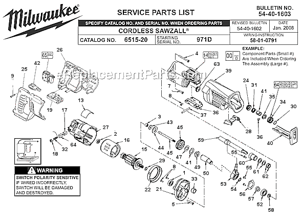 Page A Diagram and Parts List for 6515-20 SER 971D Milwaukee Reciprocating Saw