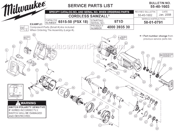 Page A Diagram and Parts List for 6515-50 SER 971D Milwaukee Reciprocating Saw