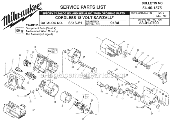 Page A Diagram and Parts List for 6516-21 SER 918A Milwaukee Reciprocating Saw