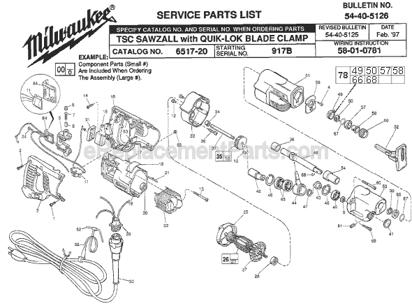 Page A Diagram and Parts List for 6517-20 SER 917B Milwaukee Reciprocating Saw