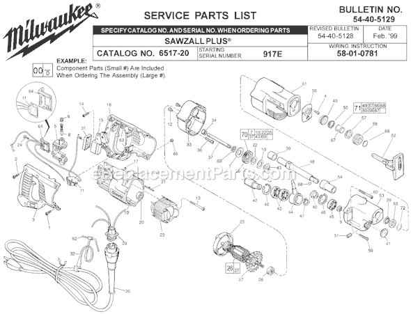 Page A Diagram and Parts List for 6517-20 SER 917E Milwaukee Reciprocating Saw
