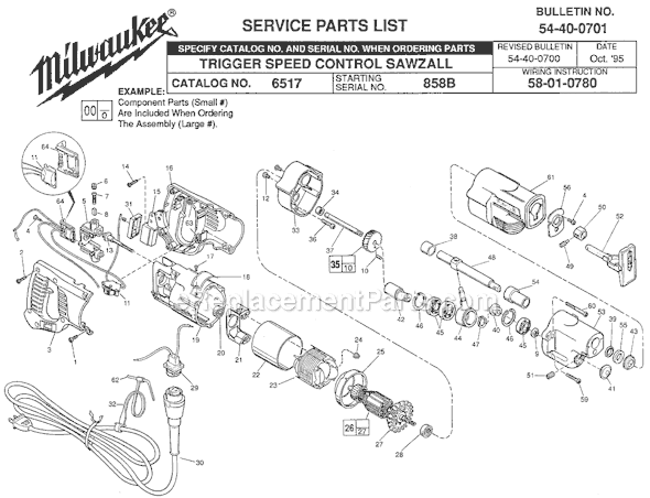 Page A Diagram and Parts List for 6517 SER 858B Milwaukee Reciprocating Saw