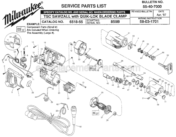 Page A Diagram and Parts List for 6518-55 SER 859B Milwaukee Reciprocating Saw