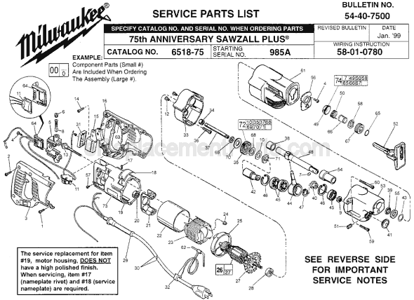 Page A Diagram and Parts List for 6518-75 SER 985A Milwaukee Reciprocating Saw