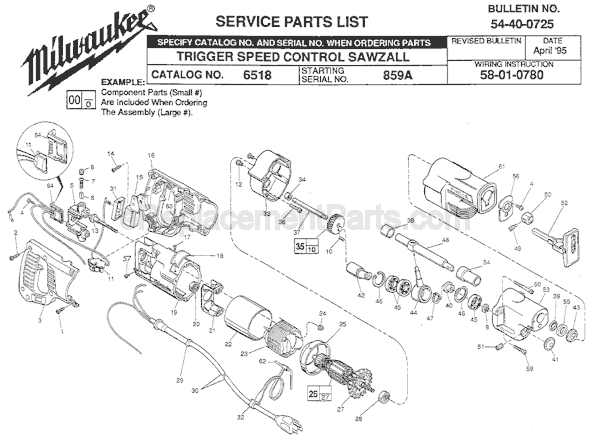 Page A Diagram and Parts List for 6518 SER 859A Milwaukee Reciprocating Saw