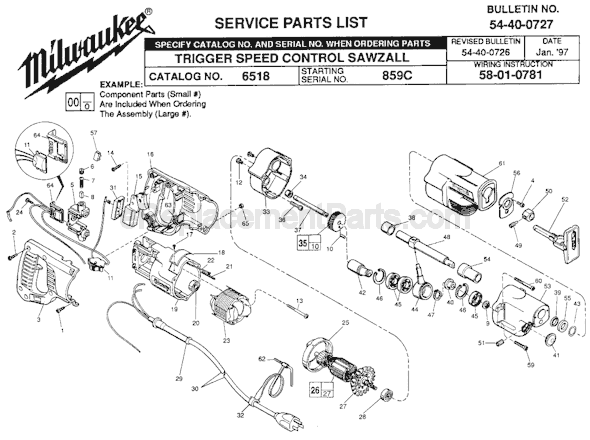 Page A Diagram and Parts List for 6518 SER 859C Milwaukee Reciprocating Saw
