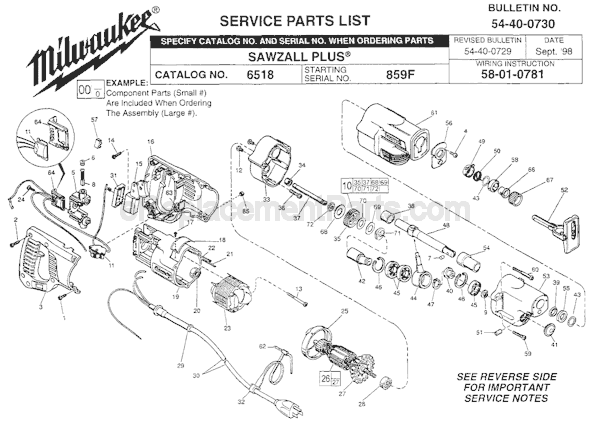 Page A Diagram and Parts List for 6518 SER 859F Milwaukee Reciprocating Saw
