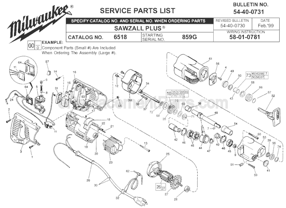 Page A Diagram and Parts List for 6518 SER 859G Milwaukee Reciprocating Saw