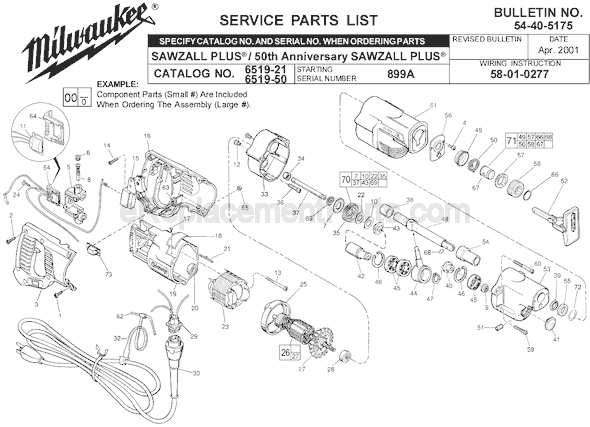 Page A Diagram and Parts List for 6519-21 SER 899A Milwaukee Reciprocating Saw