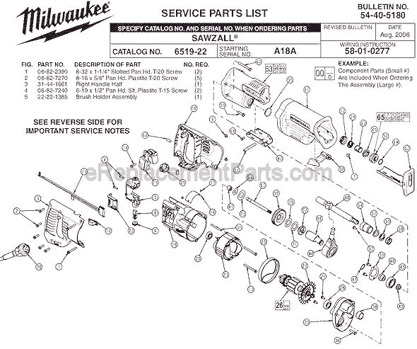Page A Diagram and Parts List for 6519-22 SER A18A Milwaukee Reciprocating Saw