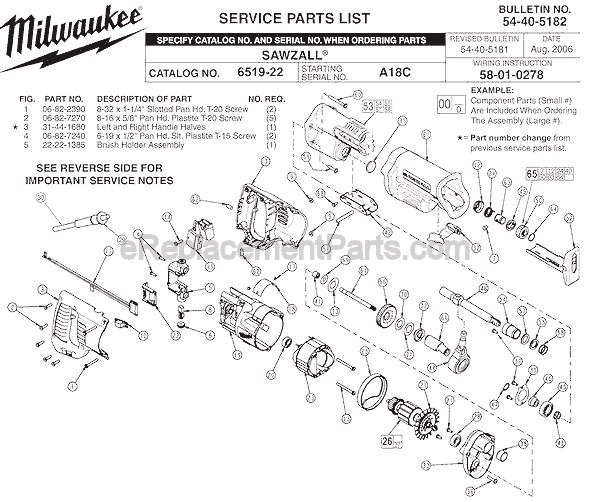 Page A Diagram and Parts List for 6519-22 SER A18C Milwaukee Reciprocating Saw