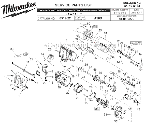 Page A Diagram and Parts List for 6519-22 SER A18D Milwaukee Reciprocating Saw
