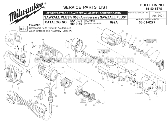 Page A Diagram and Parts List for 6519-50 SER 899A Milwaukee Reciprocating Saw