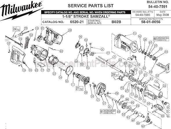 Page A Diagram and Parts List for 6520-21 SER B02B Milwaukee Reciprocating Saw