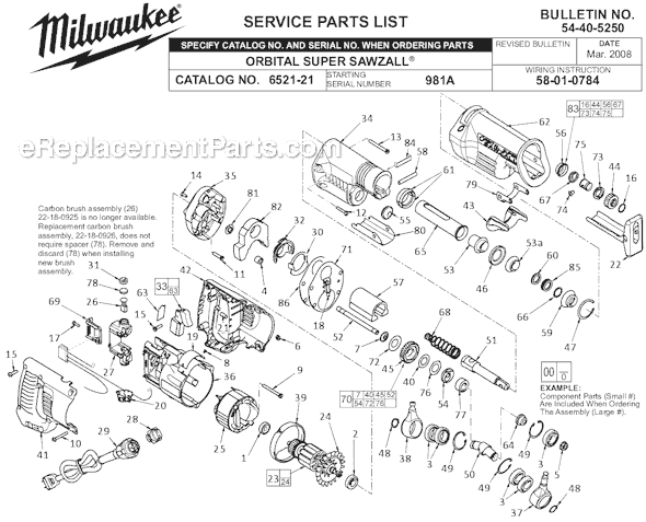 Page A Diagram and Parts List for 6521-21 SER 981A Milwaukee Reciprocating Saw