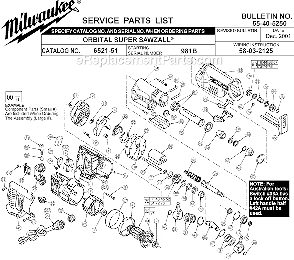 Page A Diagram and Parts List for 6521-51 SER 981B Milwaukee Reciprocating Saw