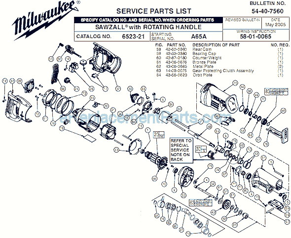 Page A Diagram and Parts List for 6523-21 SER A65A Milwaukee Reciprocating Saw