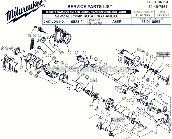 Page A Diagram and Parts List for 6523-21 SER A65B Milwaukee Reciprocating Saw