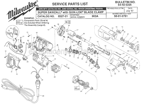 Page A Diagram and Parts List for 6527-21 SER 963A Milwaukee Reciprocating Saw
