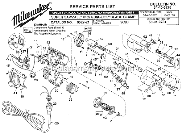 Page A Diagram and Parts List for 6527-21 SER 963B Milwaukee Reciprocating Saw