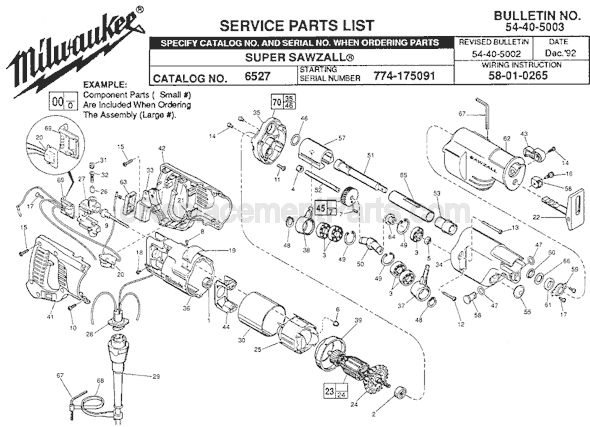 Page A Diagram and Parts List for 6527 SER 774-175091 Milwaukee Reciprocating Saw