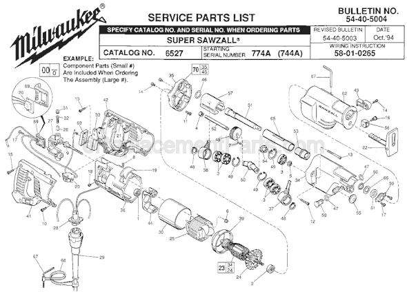 Page A Diagram and Parts List for 6527 SER 774A Milwaukee Reciprocating Saw