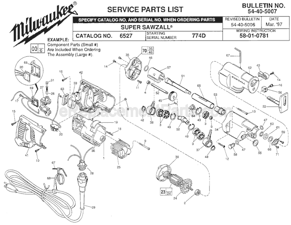 Page A Diagram and Parts List for 6527 SER 774D Milwaukee Reciprocating Saw