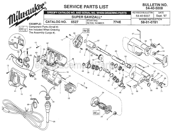 Page A Diagram and Parts List for 6527 SER 774E Milwaukee Reciprocating Saw