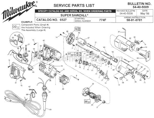 Page A Diagram and Parts List for 6527 SER 774F Milwaukee Reciprocating Saw