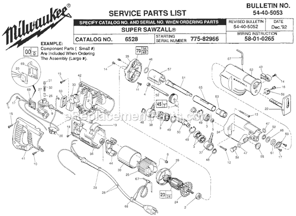 Page A Diagram and Parts List for 6528 SER 775-82966 Milwaukee Reciprocating Saw