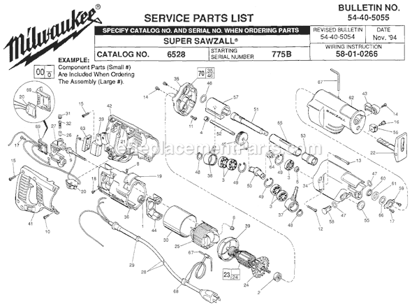 Page A Diagram and Parts List for 6528 SER 775B Milwaukee Reciprocating Saw