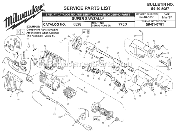 Page A Diagram and Parts List for 6528 SER 775D Milwaukee Reciprocating Saw