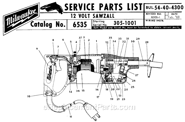 Page A Diagram and Parts List for 6535 SER 305-1001 Milwaukee Reciprocating Saw
