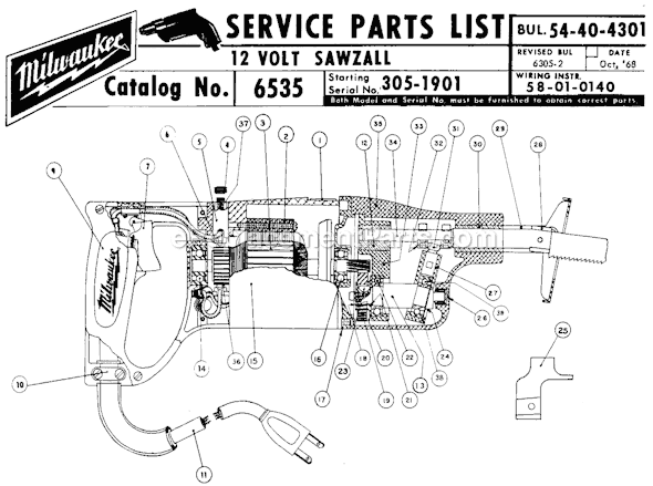 Page A Diagram and Parts List for 6535 SER 305-1901 Milwaukee Reciprocating Saw