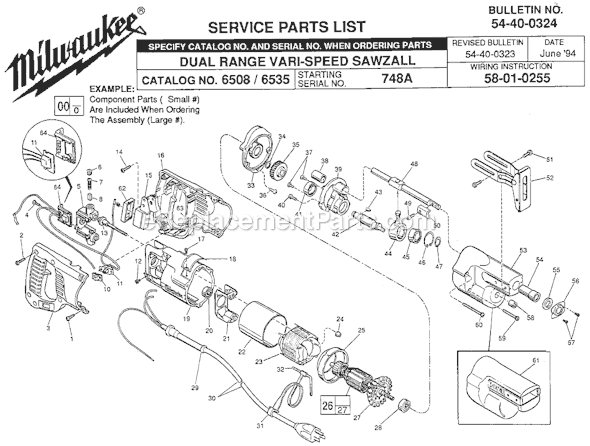 Page A Diagram and Parts List for 6535 SER 748A Milwaukee Reciprocating Saw