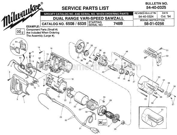 Page A Diagram and Parts List for 6535 SER 748B Milwaukee Reciprocating Saw