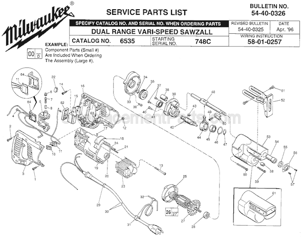 Page A Diagram and Parts List for 6535 SER 748C Milwaukee Reciprocating Saw