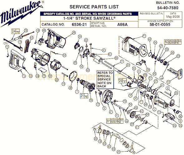 Page A Diagram and Parts List for 6536-21 SER A66A Milwaukee Reciprocating Saw
