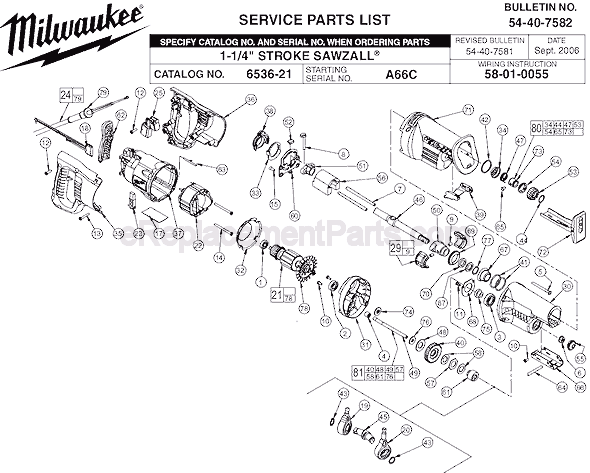 Page A Diagram and Parts List for 6536-21 SER A66C Milwaukee Reciprocating Saw